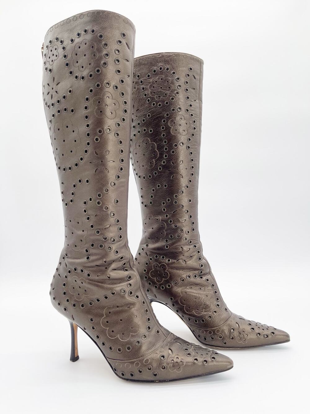 Jimmy Choo Vintage Y2K Bronze Floral Eyelet Pointed Toe Knee High Boots IT 39